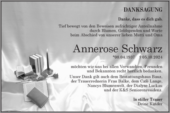 Traueranzeige von Annerose Schwarz von Lausitzer Rundschau