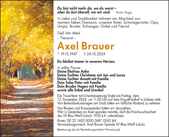 Traueranzeige von Axel Brauer von Lausitzer Rundschau