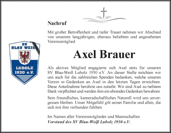 Traueranzeige von Axel Brauer von Lausitzer Rundschau