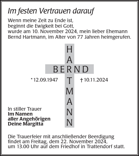 Traueranzeige von Bernd Hartmann von Lausitzer Rundschau