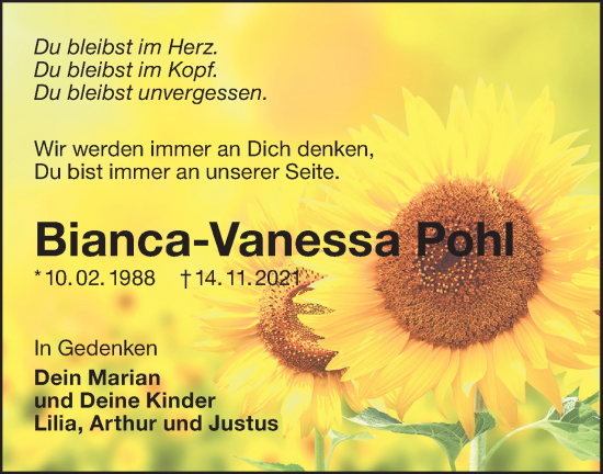 Traueranzeige von Bianca-Vanessa Pohl von Lausitzer Rundschau