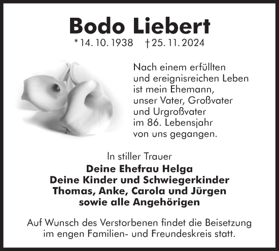 Traueranzeige von Bodo Liebert von Lausitzer Rundschau