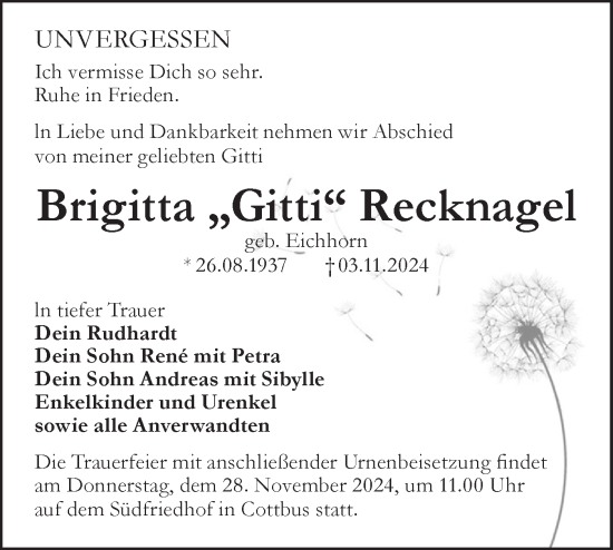 Traueranzeige von Brigitta Recknagel von Lausitzer Rundschau