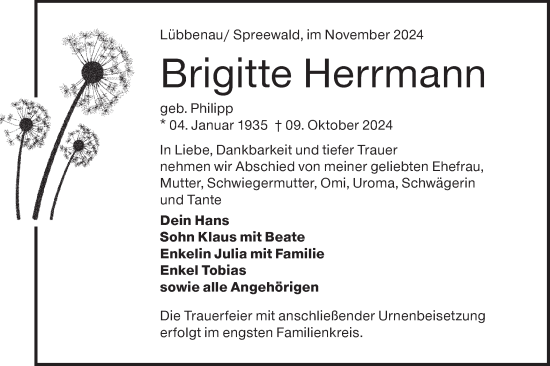 Traueranzeige von Brigitte Herrmann von Lausitzer Rundschau