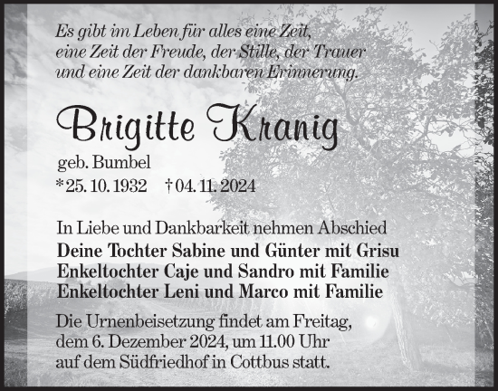 Traueranzeige von Brigitte Kranig von Lausitzer Rundschau