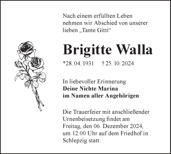 Traueranzeige von Brigitte Walla von Lausitzer Rundschau