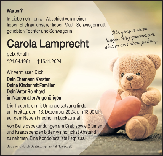 Traueranzeige von Carola Lamprecht von Lausitzer Rundschau