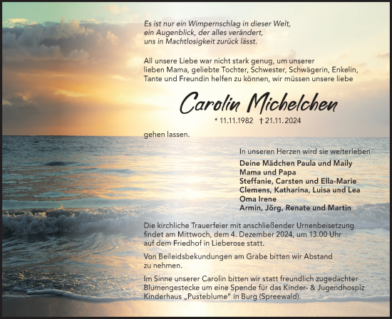 Traueranzeige von Carolin Michelchen von Lausitzer Rundschau