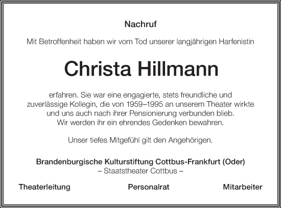 Traueranzeige von Christa Hillmann von Lausitzer Rundschau