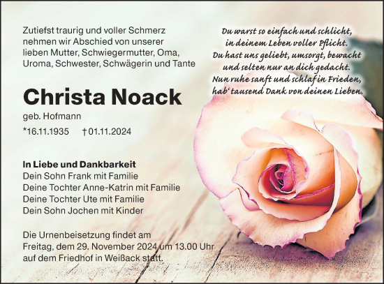 Traueranzeige von Christa Noack von Lausitzer Rundschau