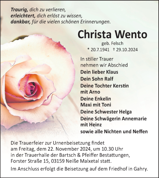 Traueranzeige von Christa Wento von Lausitzer Rundschau