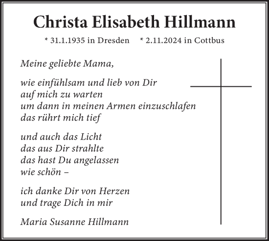 Traueranzeige von Christa Elisabeth Hillmann von Lausitzer Rundschau