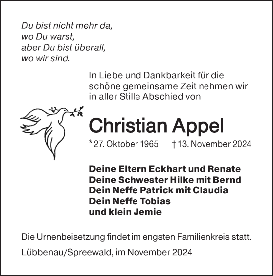 Traueranzeige von Christian Appel von Lausitzer Rundschau