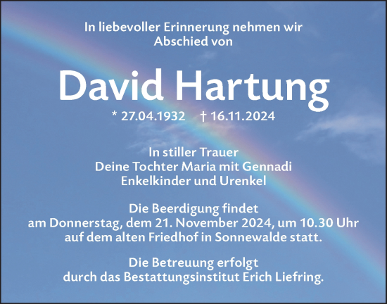 Traueranzeige von David Hartung von Lausitzer Rundschau