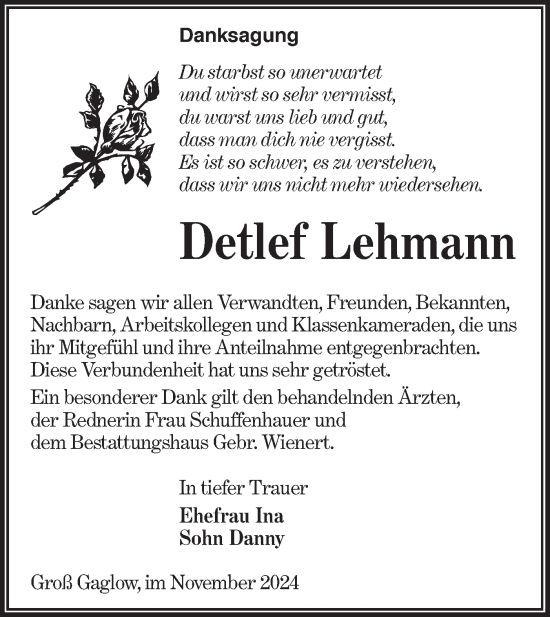 Traueranzeige von Detlef Lehmann von Lausitzer Rundschau