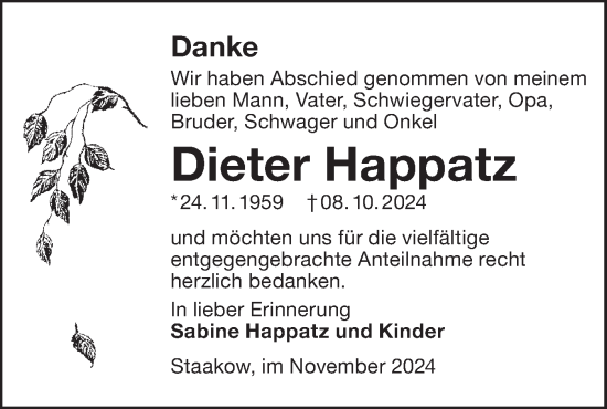 Traueranzeige von Dieter Happatz von Lausitzer Rundschau