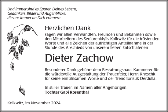 Traueranzeige von Dieter Zachow von Lausitzer Rundschau