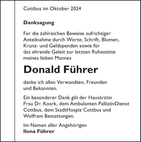 Traueranzeige von Donald Führer von Lausitzer Rundschau