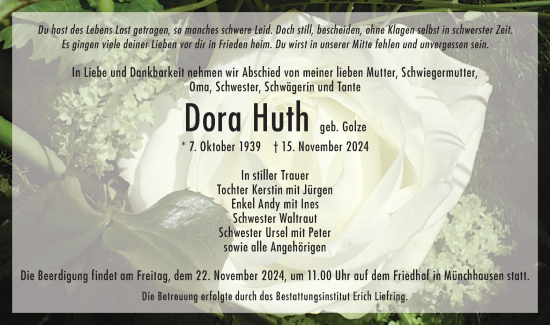 Traueranzeige von Dora Huth von Lausitzer Rundschau