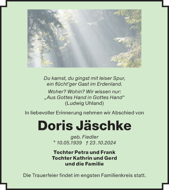 Traueranzeige von Doris Jäschke von Lausitzer Rundschau