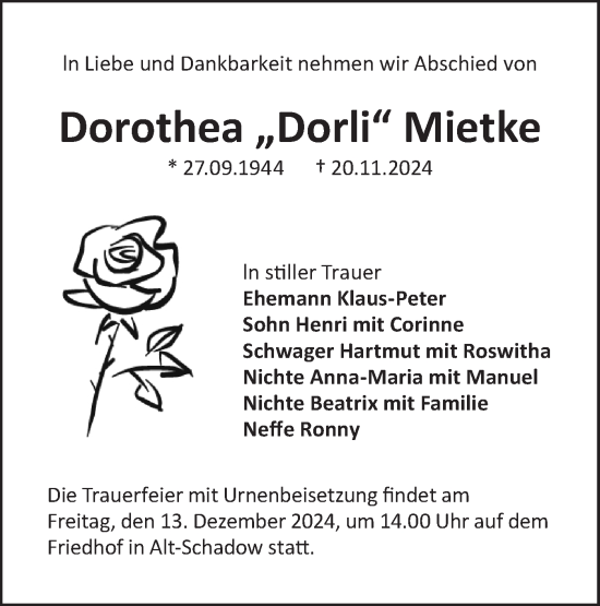 Traueranzeige von Dorothea Mietke von Lausitzer Rundschau