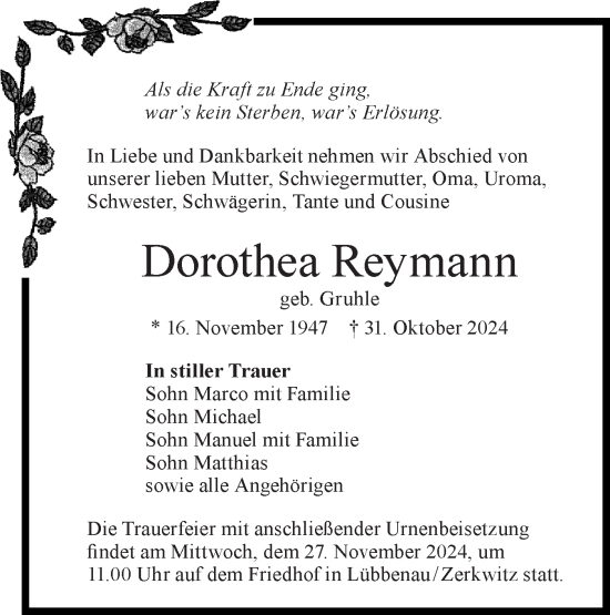 Traueranzeige von Dorothea Reymann von Lausitzer Rundschau