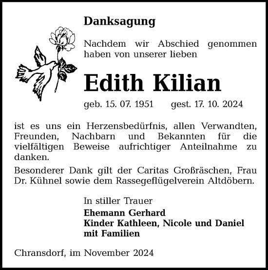 Traueranzeige von Edith Kilian von Lausitzer Rundschau