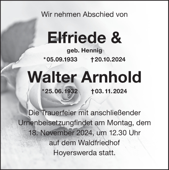 Traueranzeige von Elfriede und Walter Arnold von Lausitzer Rundschau