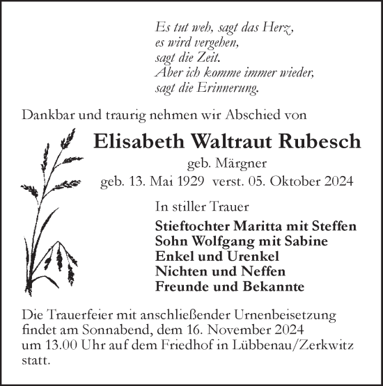 Traueranzeige von Elisabeth Waltraut Rubesch von Lausitzer Rundschau