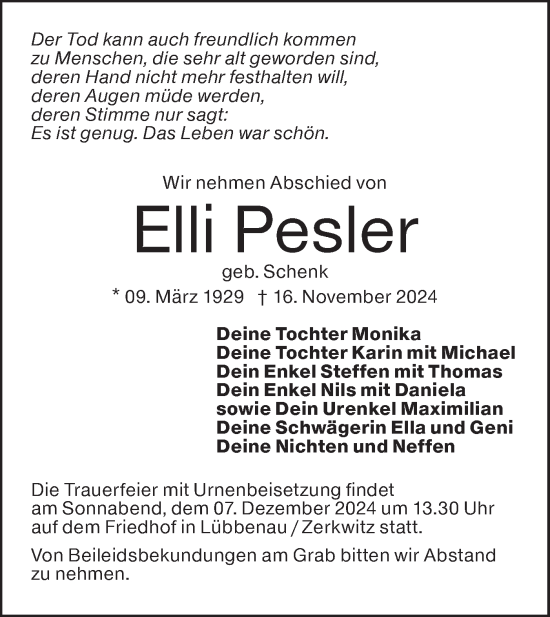 Traueranzeige von Elli Pesler von Lausitzer Rundschau