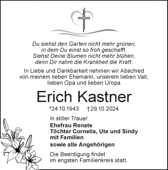 Traueranzeige von Erich Kastner von Lausitzer Rundschau