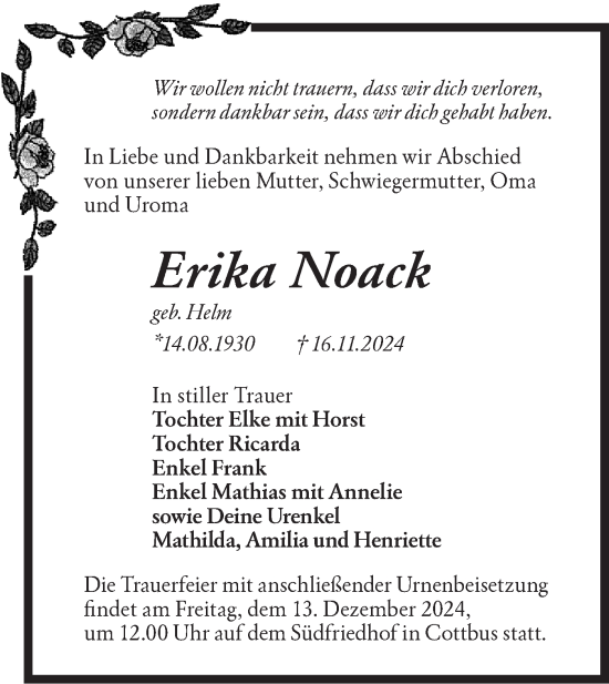 Traueranzeige von Erika Noack von Lausitzer Rundschau