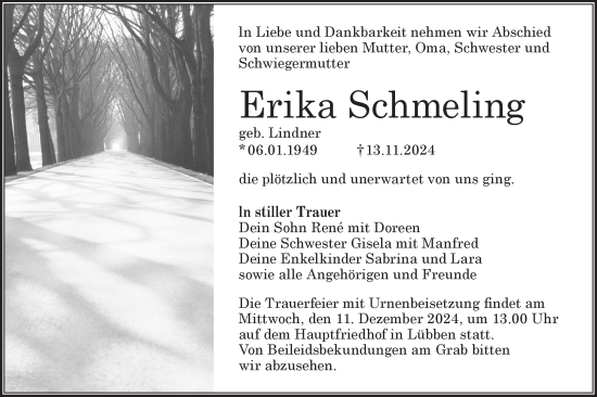 Traueranzeige von Erika Schmeling von Lausitzer Rundschau