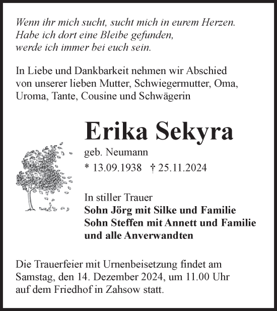 Traueranzeige von Erika Sekyra von Lausitzer Rundschau