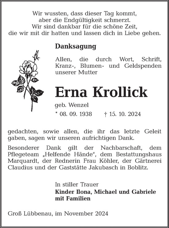 Traueranzeige von Erna Krollick von Lausitzer Rundschau