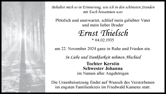 Traueranzeige von Ernst Thielsch von Lausitzer Rundschau