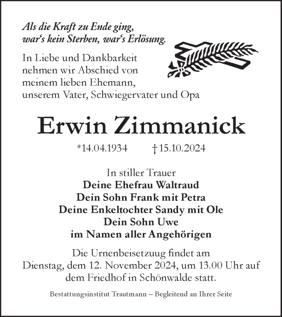 Traueranzeige von Erwin Zimmanick von Lausitzer Rundschau