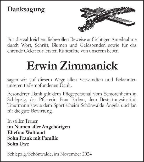 Traueranzeige von Erwin Zimmanick von Lausitzer Rundschau