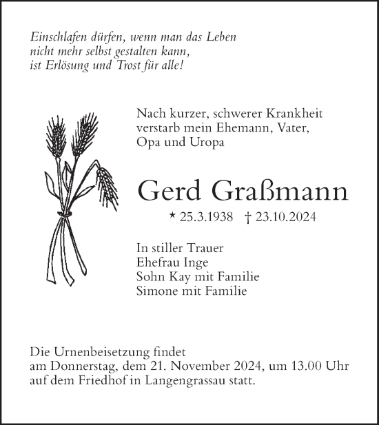 Traueranzeige von Gerd Graßmann von Lausitzer Rundschau