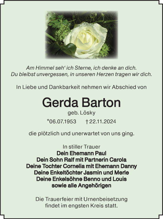 Traueranzeige von Gerda Barton von Lausitzer Rundschau