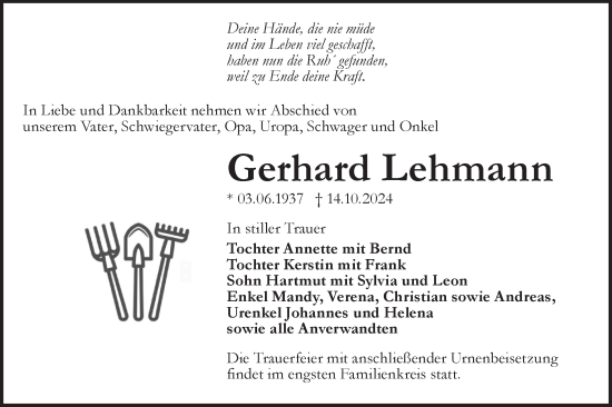 Traueranzeige von Gerhard Lehmann von Lausitzer Rundschau