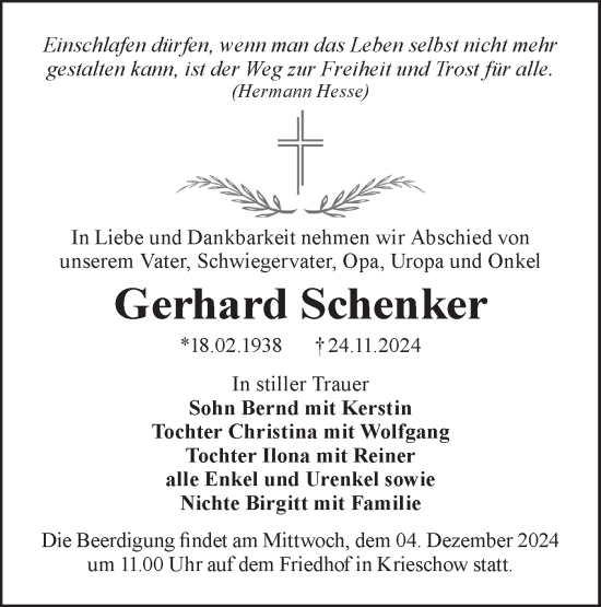 Traueranzeige von Gerhard Schenker von Lausitzer Rundschau