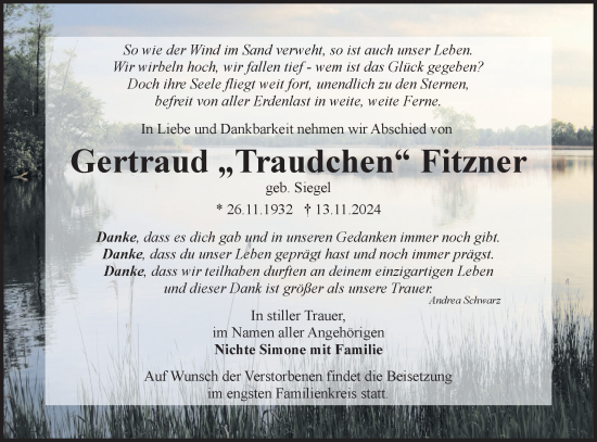 Traueranzeige von Gertraud Fitzner von Lausitzer Rundschau