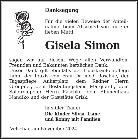 Traueranzeige von Gisela Simon von Lausitzer Rundschau