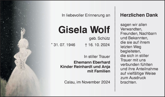 Traueranzeige von Gisela Wolf von Lausitzer Rundschau