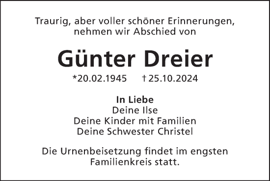 Traueranzeige von Günter Dreier von Lausitzer Rundschau