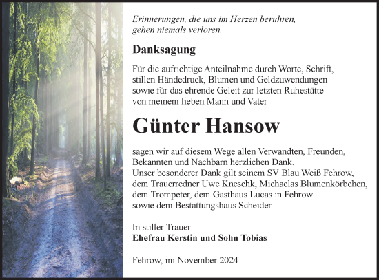 Traueranzeige von Günter Hansow von Lausitzer Rundschau