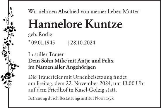 Traueranzeige von Hannelore Kuntze von Lausitzer Rundschau