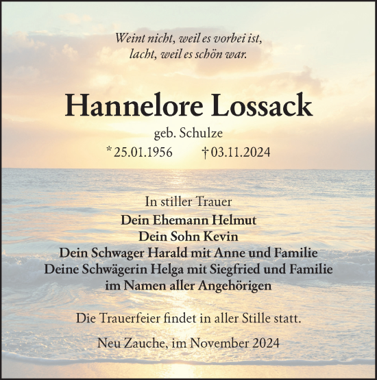 Traueranzeige von Hannelore Lossack von Lausitzer Rundschau