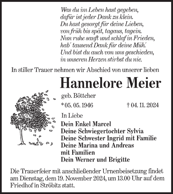 Traueranzeige von Hannelore Meier von Lausitzer Rundschau